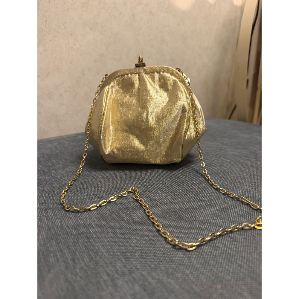 Vintage Gold Metallic Evening Clutch Bag Kiss Lock Chain Strap Formal Wedding